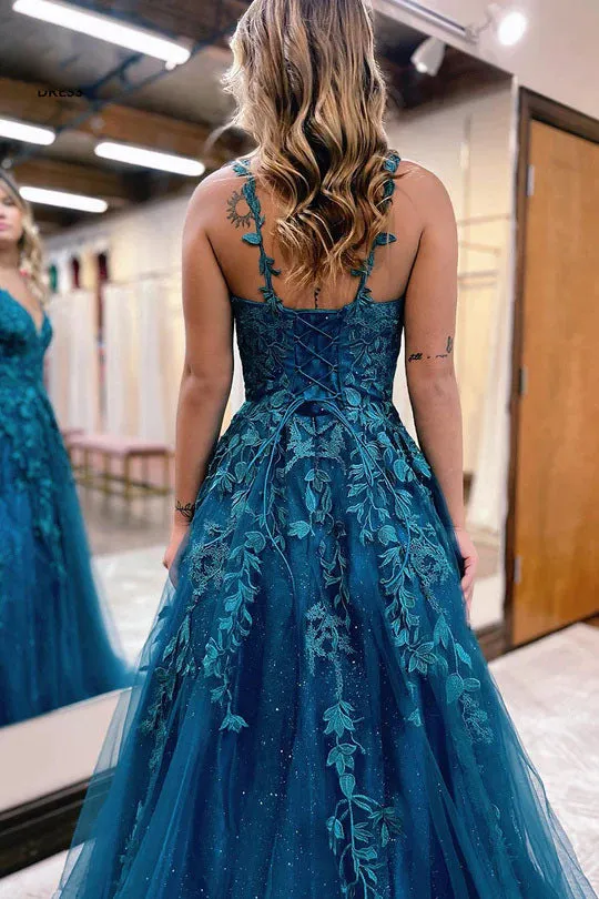 A-line V-Neck Lace Appliques Blue Long Prom Dress Evening Dresses OK2018