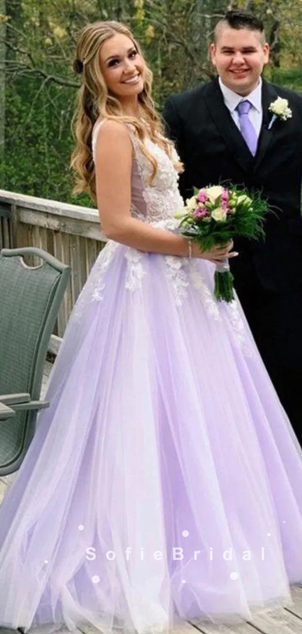 A-Line V-Neck Sleeveless Tulle Long Prom Dresses With Lace,SFPD0032