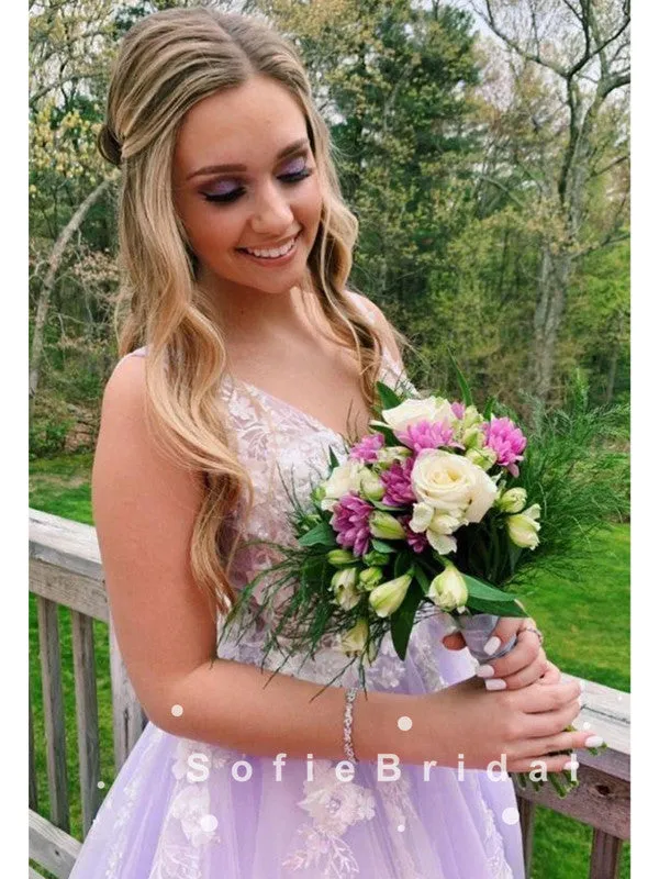A-Line V-Neck Sleeveless Tulle Long Prom Dresses With Lace,SFPD0032