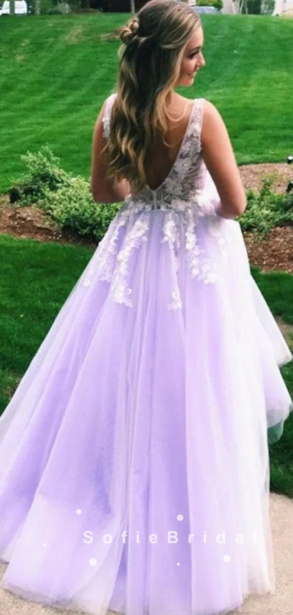 A-Line V-Neck Sleeveless Tulle Long Prom Dresses With Lace,SFPD0032