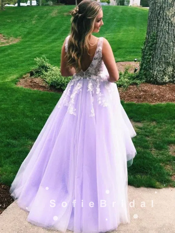 A-Line V-Neck Sleeveless Tulle Long Prom Dresses With Lace,SFPD0032