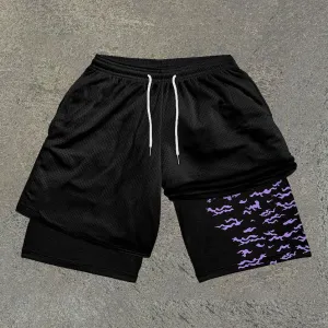 Anime Print Double Layer Mesh Shorts