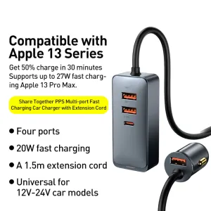 Baseus PPS Multi-port Fast Charging Car Charger with Extension Cord - 120W