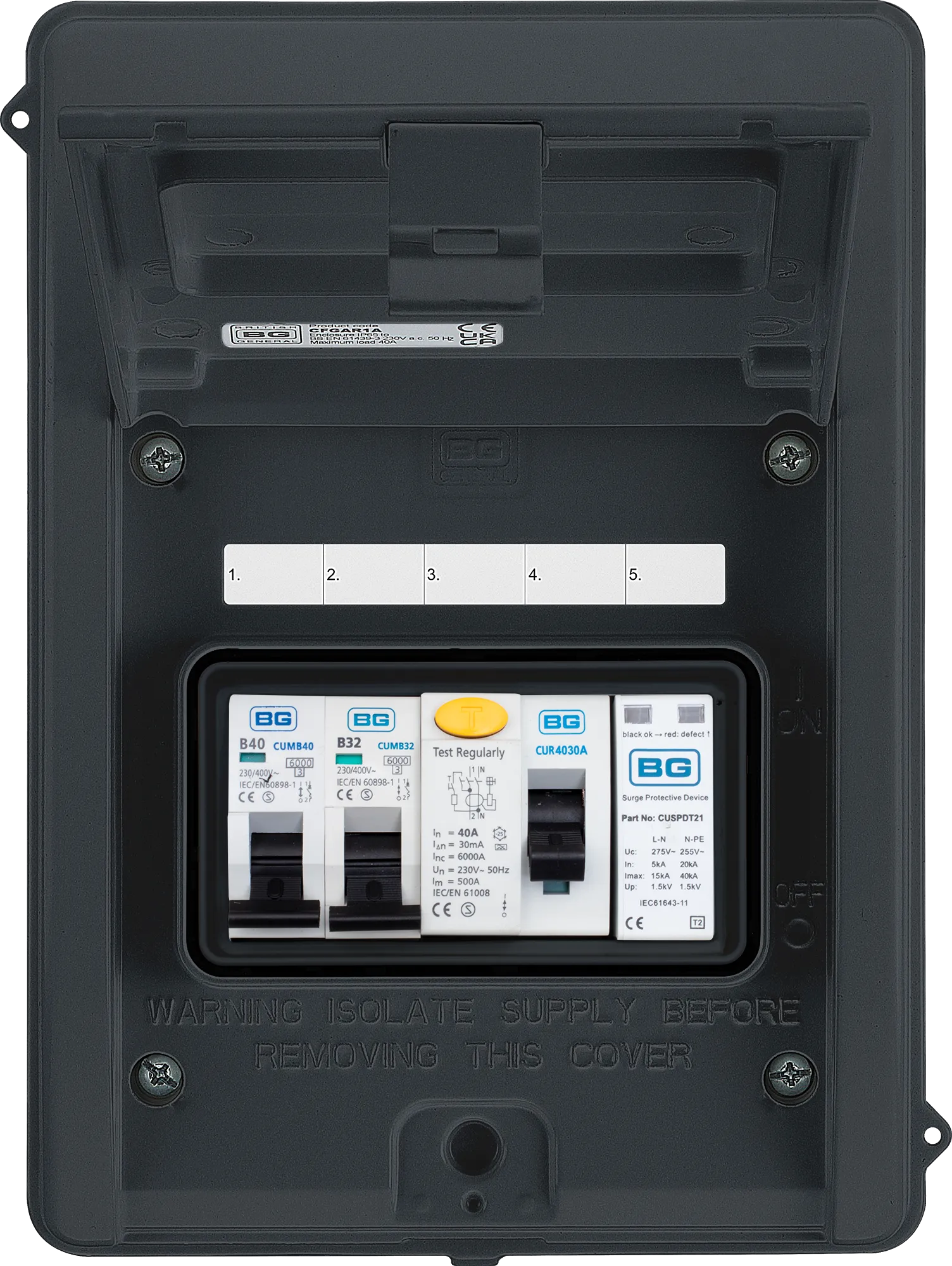 BG CFEV1A IP65 Weatherproof Metal EV Charger Circuit Protection with 40A 30mA Type A RCD, 40A B Curve MCB & Type 2 SPD