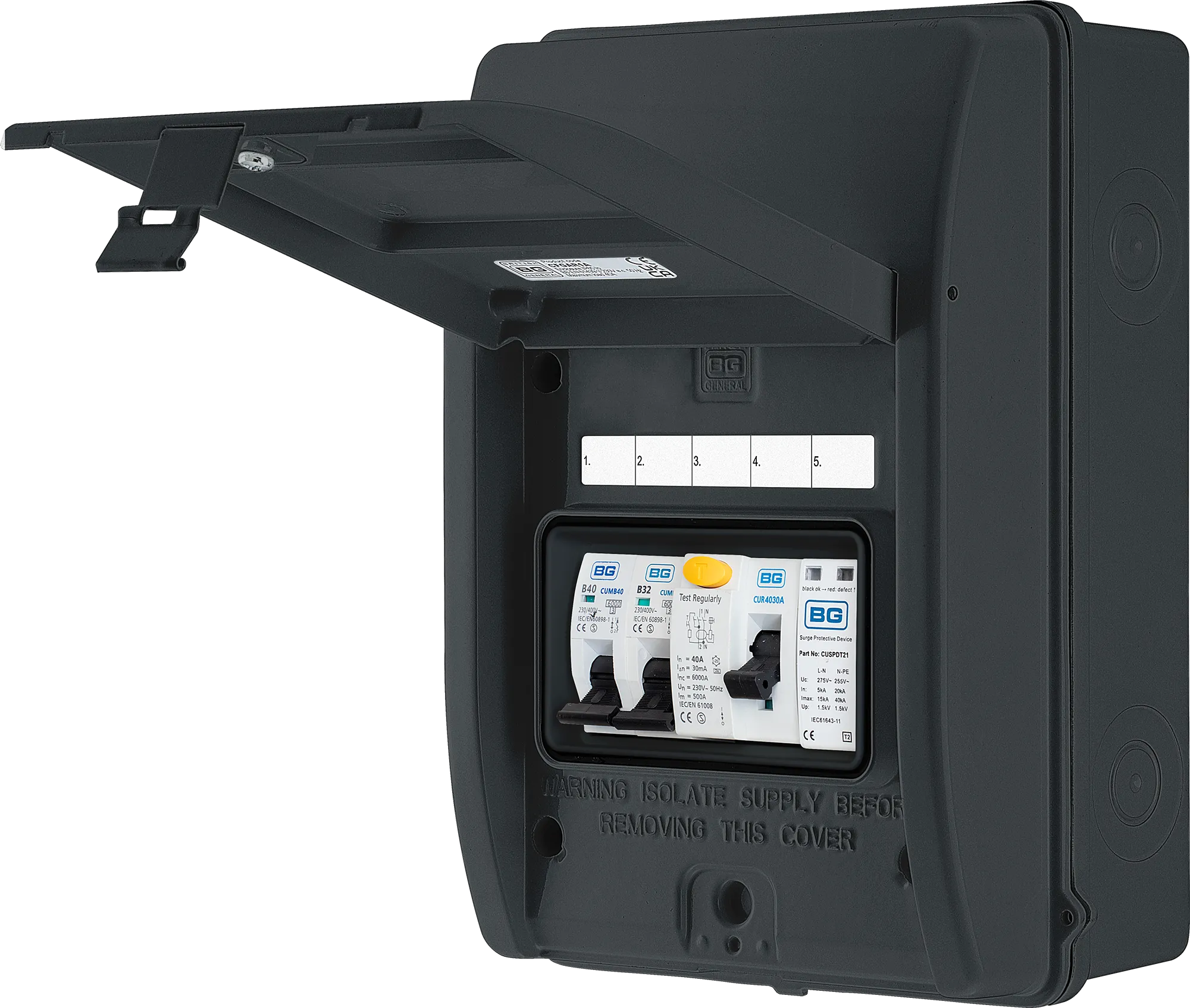 BG CFEV1A IP65 Weatherproof Metal EV Charger Circuit Protection with 40A 30mA Type A RCD, 40A B Curve MCB & Type 2 SPD