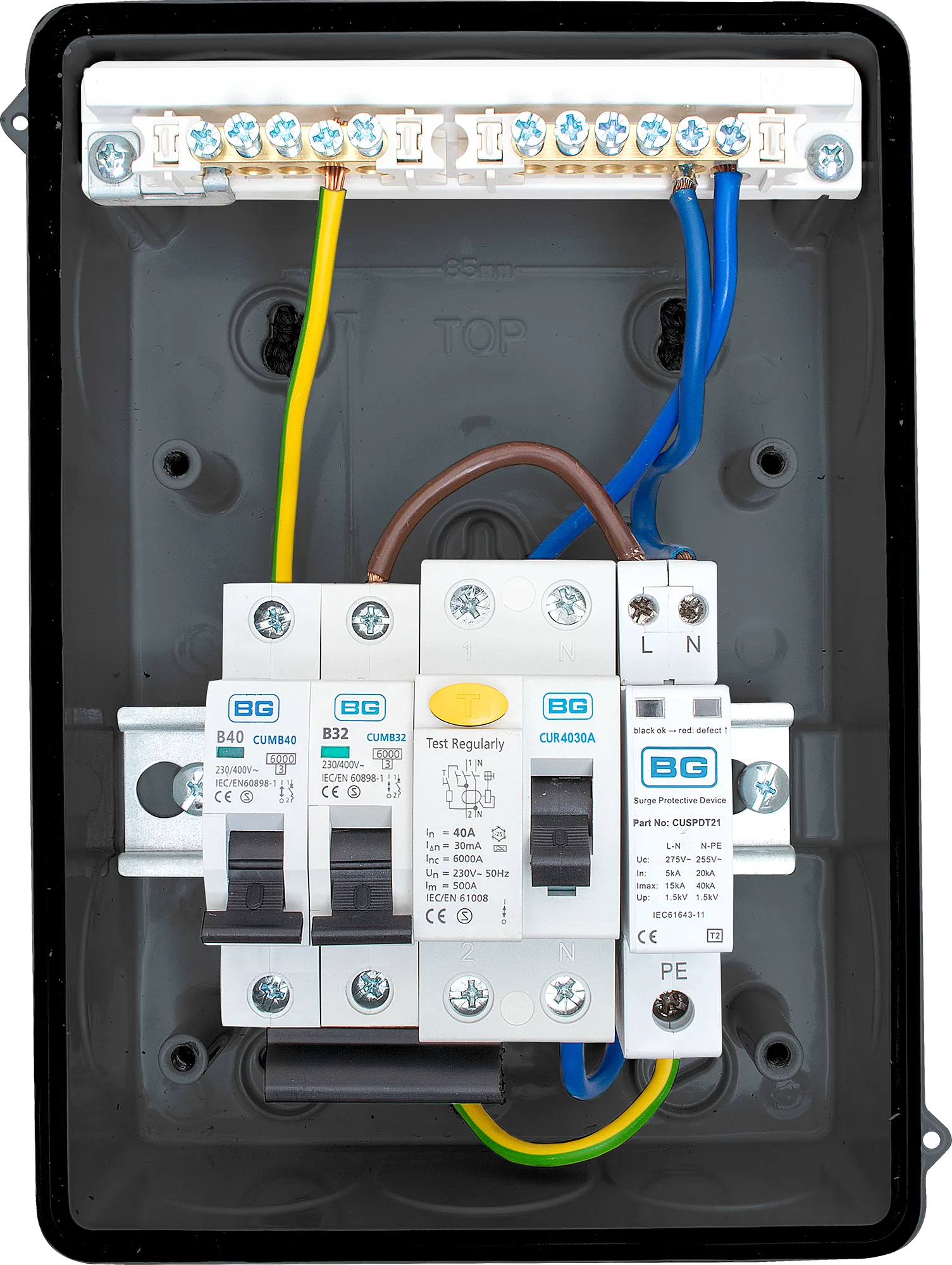 BG CFEV1A IP65 Weatherproof Metal EV Charger Circuit Protection with 40A 30mA Type A RCD, 40A B Curve MCB & Type 2 SPD