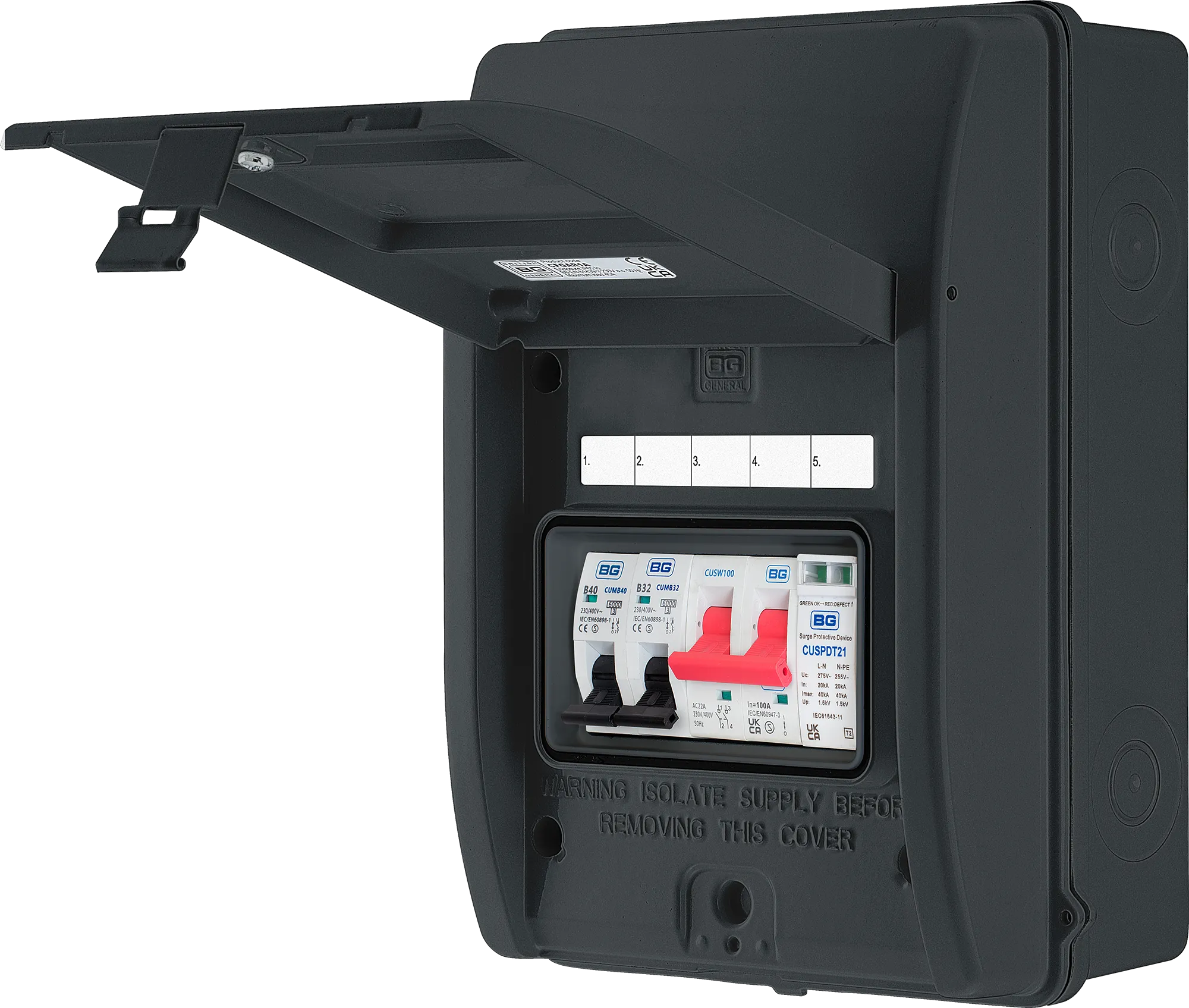 BG CFEV2 IP65 Weatherproof Metal EV Charger Circuit Protection with 100A Main Switch, 40A B Curve MCB & Type 2 SPD