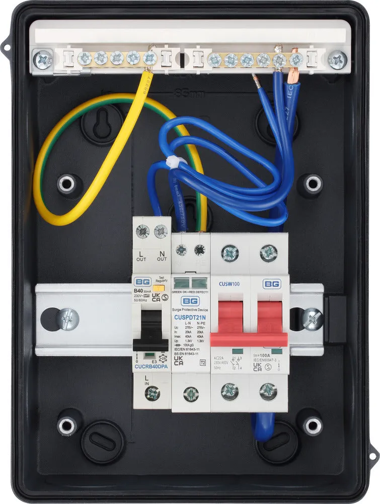 BG CFEV5RDA 5 Module IP65 Weatherproof Grey Metal EV Charger Circuit Protection with 40A Type A DP RCBO, 100A Main Switch & Type 2 SPD