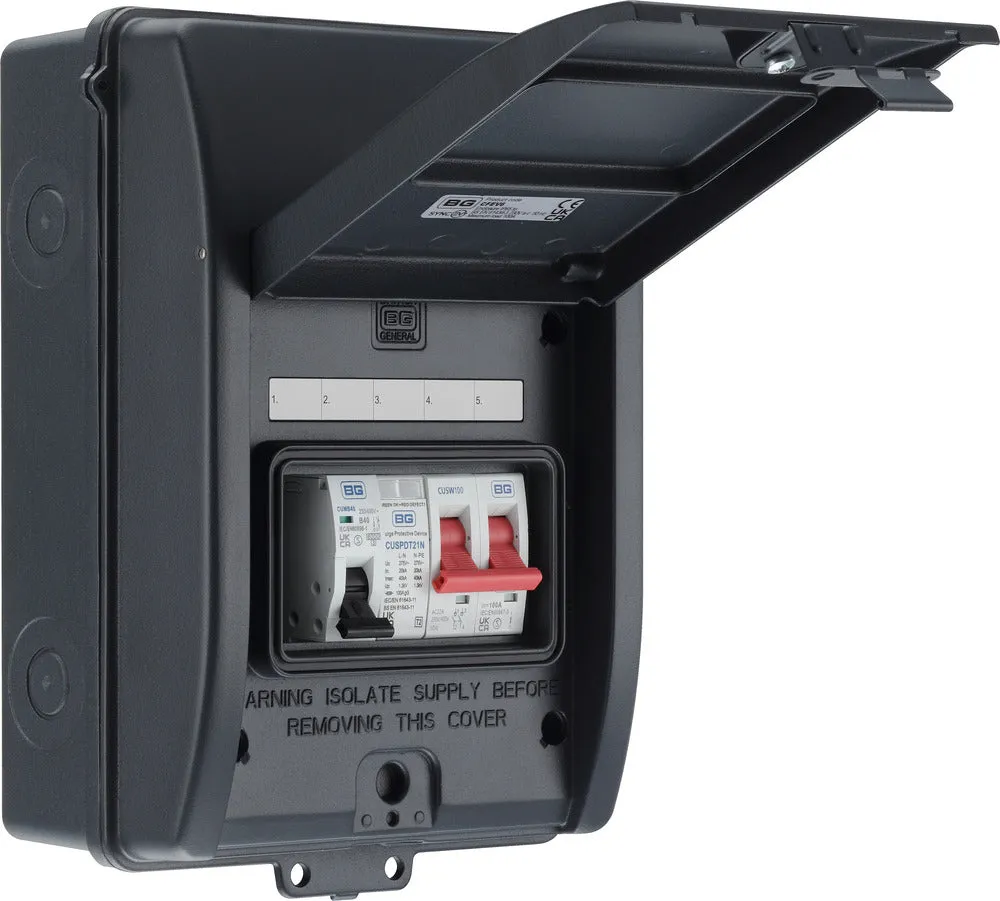 BG CFEV6 5 Module IP65 Weatherproof Grey Metal EV Charger Circuit Protection with 100A Main Switch, 40A B Curve MCB & Type 2 SPD