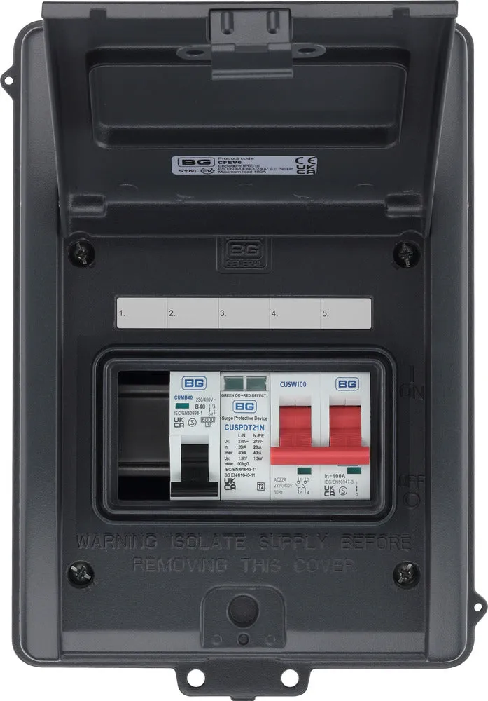 BG CFEV6 5 Module IP65 Weatherproof Grey Metal EV Charger Circuit Protection with 100A Main Switch, 40A B Curve MCB & Type 2 SPD