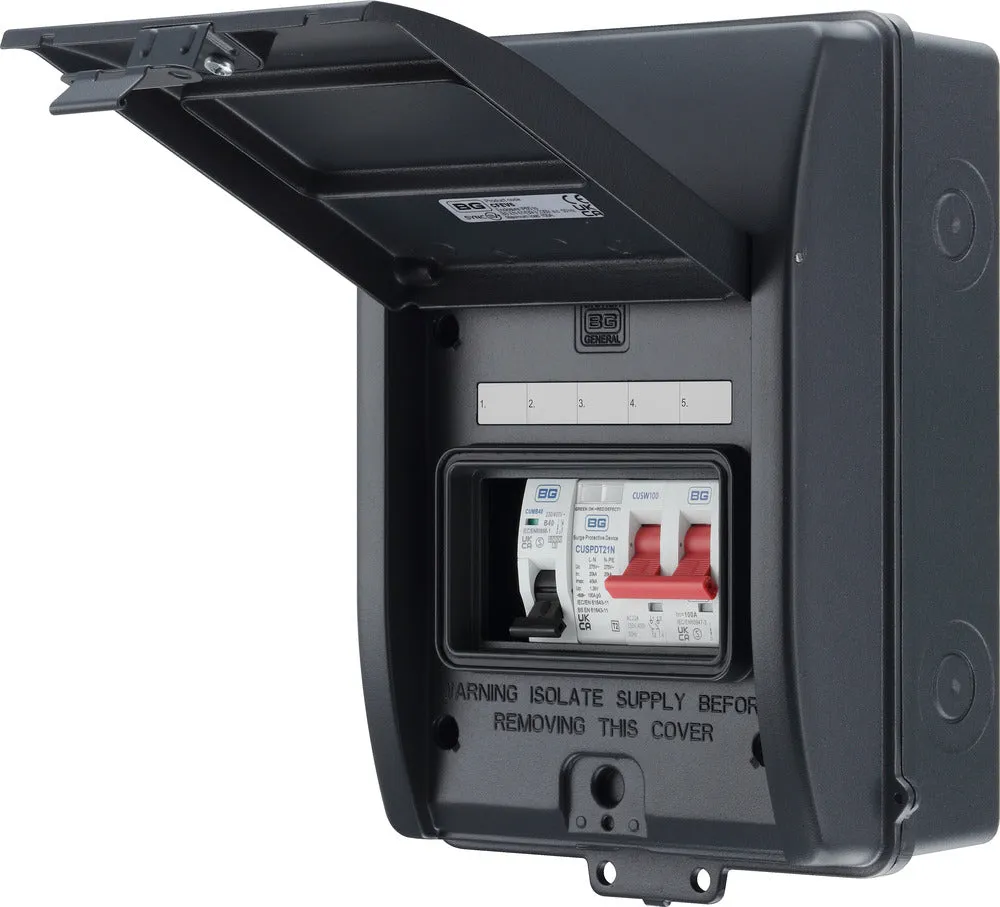 BG CFEV6 5 Module IP65 Weatherproof Grey Metal EV Charger Circuit Protection with 100A Main Switch, 40A B Curve MCB & Type 2 SPD