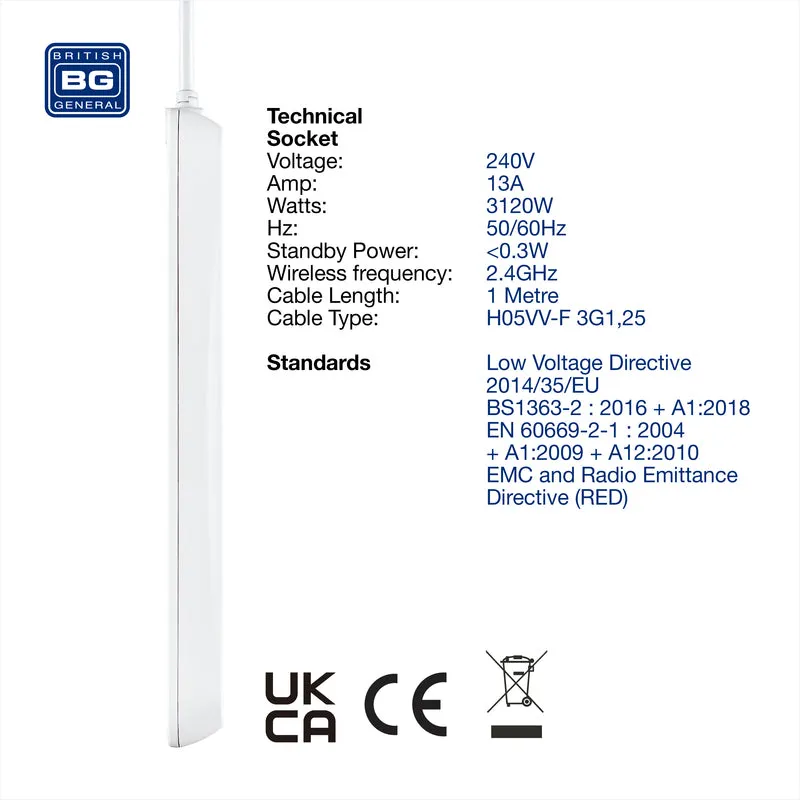 BG EHC31 3 Socket 1m 13A Smart Extension Lead White