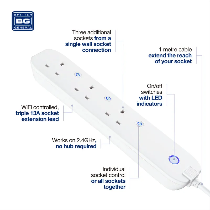 BG EHC31 3 Socket 1m 13A Smart Extension Lead White