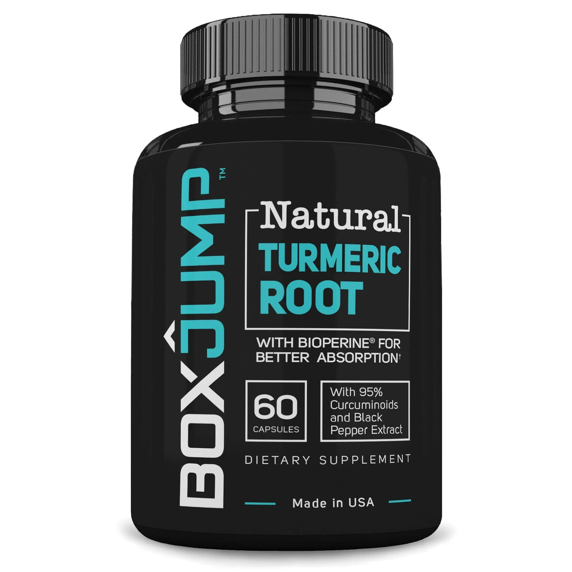 BoxJump Raíz de cúrcuma natural con bioperina y 95% de curcuminoides estandarizados (suministro de 30 días, 60 unidades)