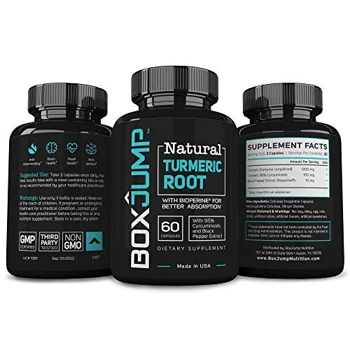 BoxJump Raíz de cúrcuma natural con bioperina y 95% de curcuminoides estandarizados (suministro de 30 días, 60 unidades)
