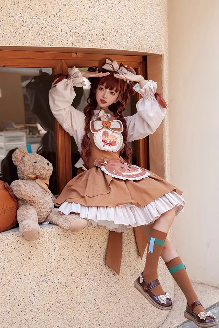 Brown Cookie Bear Multi-layer Print Ruffle Bowknot Sweet Lolita Dress