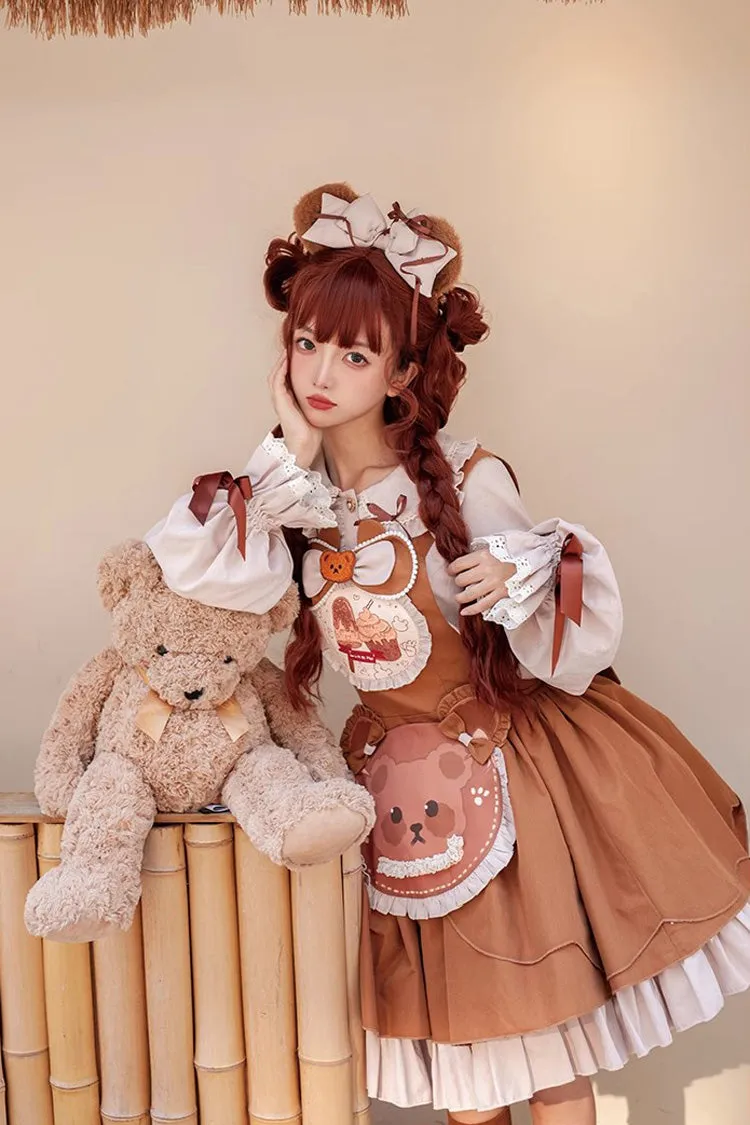 Brown Cookie Bear Multi-layer Print Ruffle Bowknot Sweet Lolita Dress