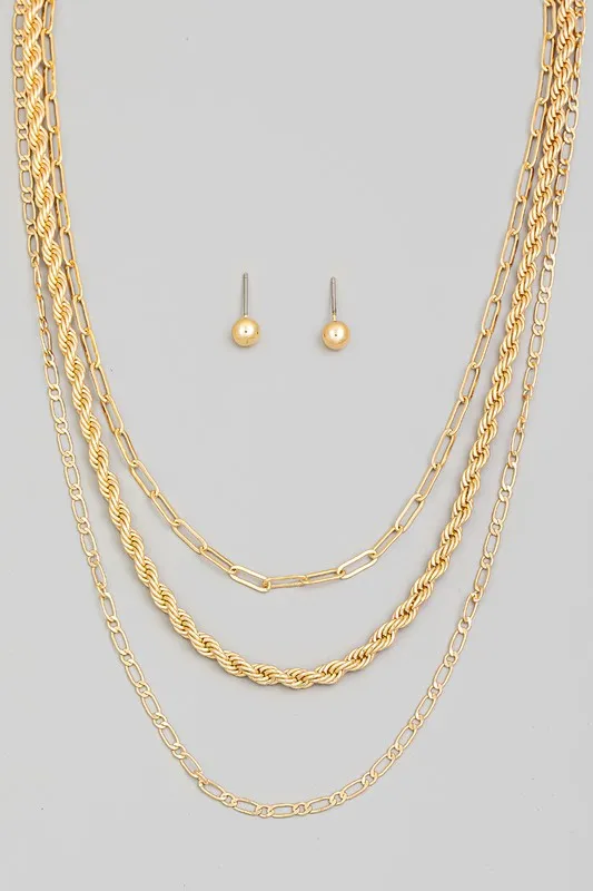 Crystal Cut Multi Layer Necklace & Earring Set - Gold