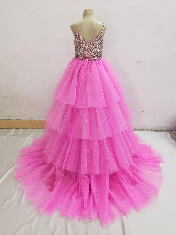 Custom Made Multi-layer Hi-low Pink Tulle Glitz Prom Dress