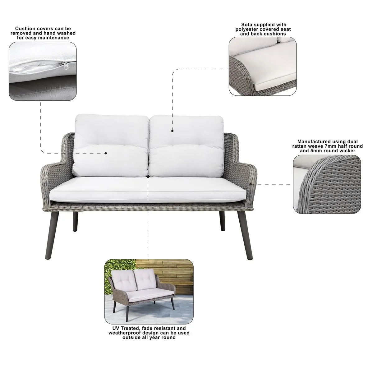 Dellonda Buxton Rattan Wicker Outdoor Lounge 2-Seater Sofa with Cushion, Grey