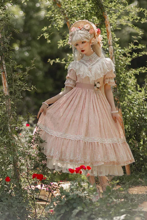 Elegant Vintage Rose Print Multi-Layer Ruffled Sweet Lolita OP Dress