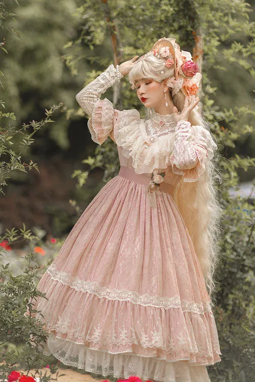 Elegant Vintage Rose Print Multi-Layer Ruffled Sweet Lolita OP Dress