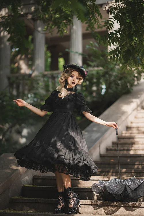 Elegant Vintage Rose Print Multi-Layer Ruffled Sweet Lolita OP Dress