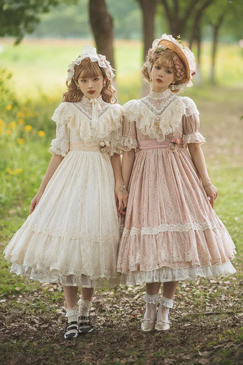 Elegant Vintage Rose Print Multi-Layer Ruffled Sweet Lolita OP Dress