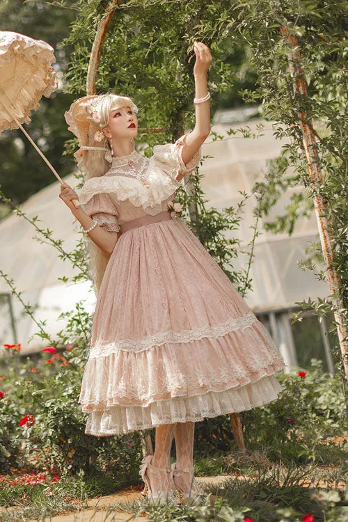 Elegant Vintage Rose Print Multi-Layer Ruffled Sweet Lolita OP Dress