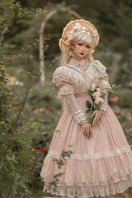 Elegant Vintage Rose Print Multi-Layer Ruffled Sweet Lolita OP Dress