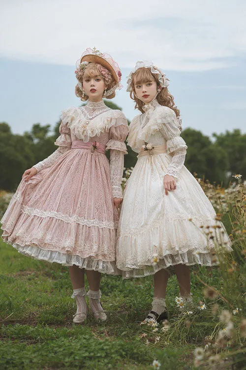 Elegant Vintage Rose Print Multi-Layer Ruffled Sweet Lolita OP Dress