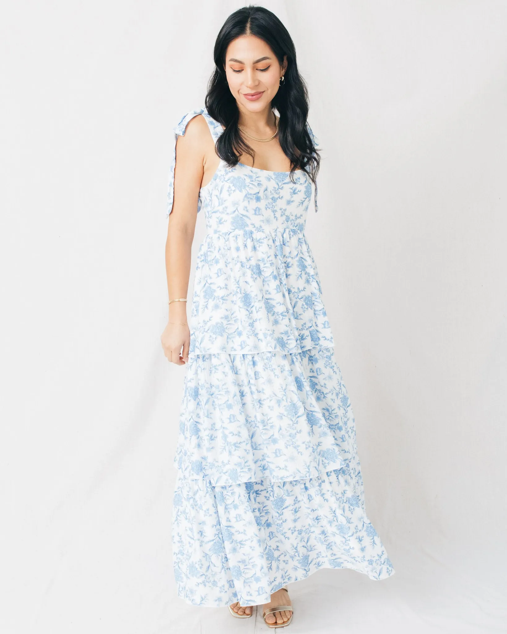 Fleur Floral Tie Strap Ruffle Tiered Midi Dress