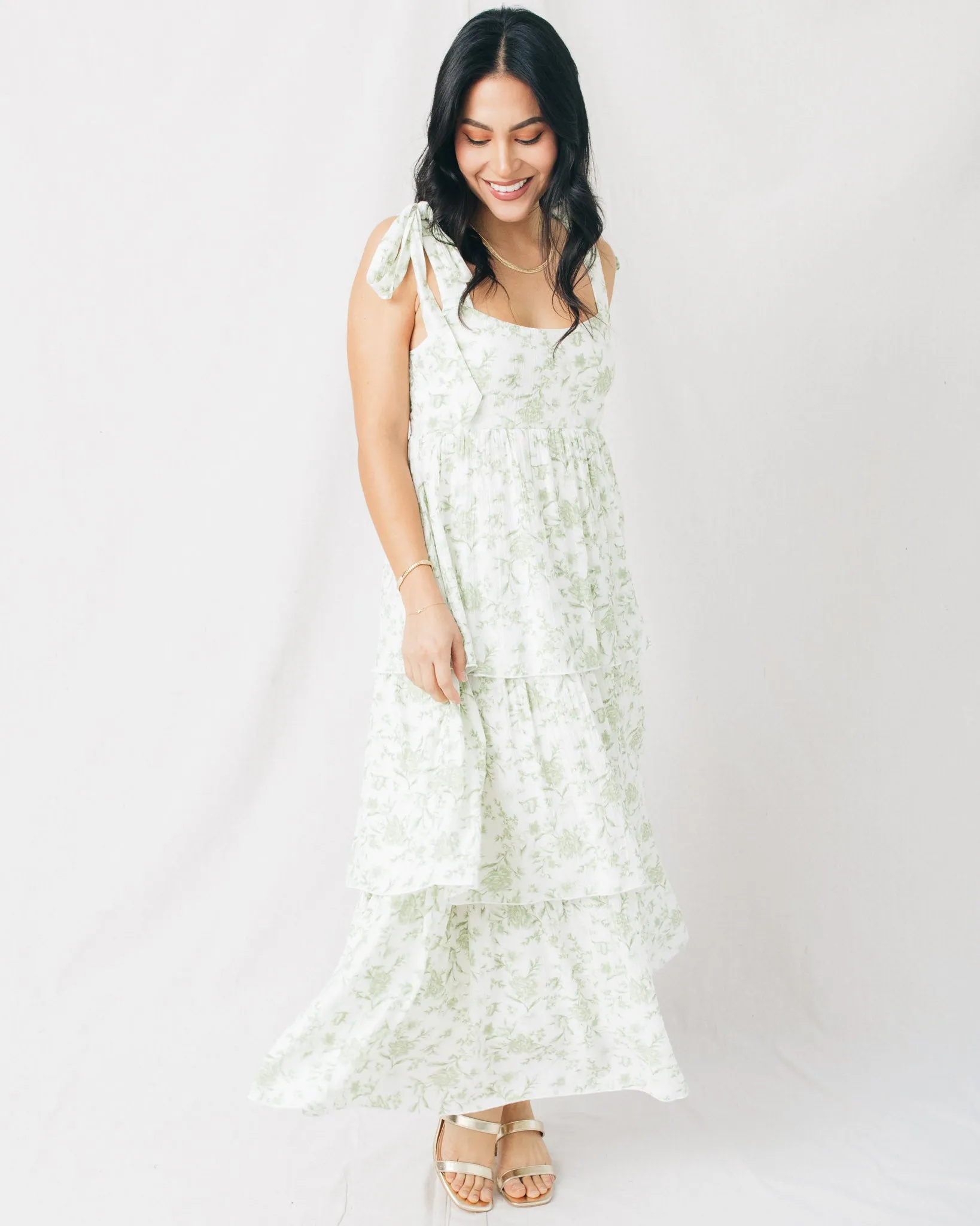 Fleur Floral Tie Strap Ruffle Tiered Midi Dress