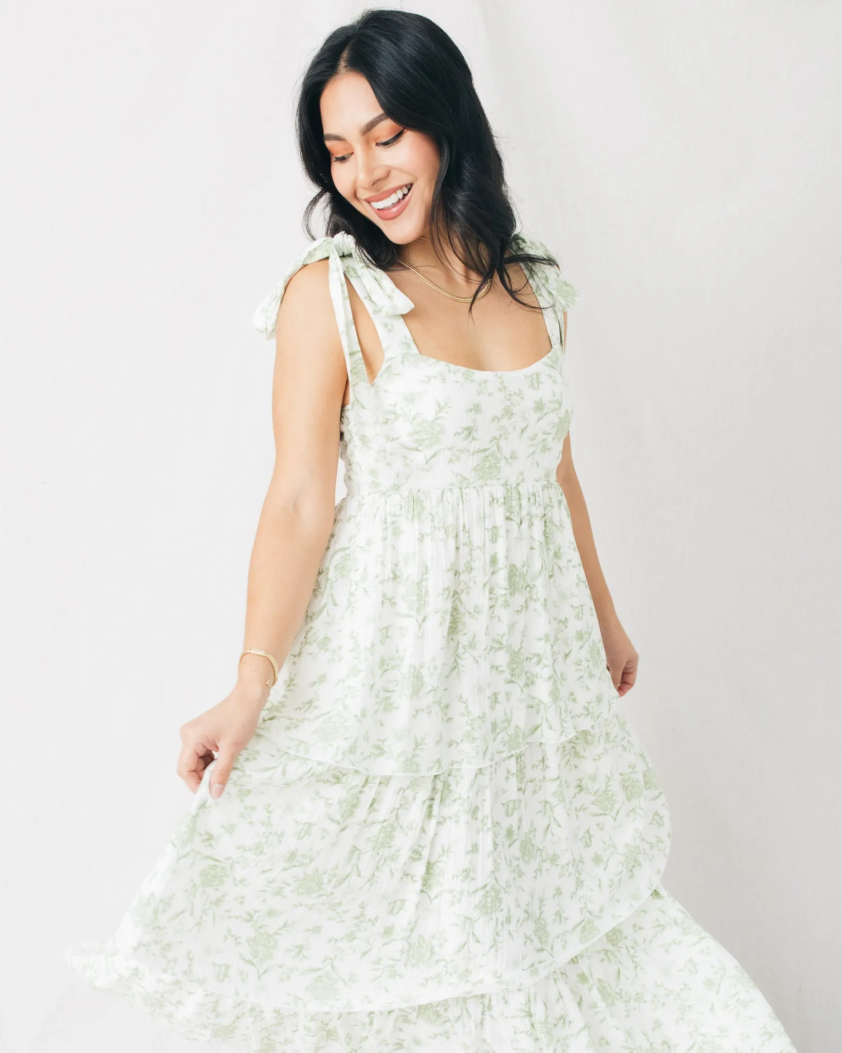 Fleur Floral Tie Strap Ruffle Tiered Midi Dress