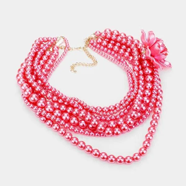Floral Pink Collar Multi Strand Pearl Necklace Set