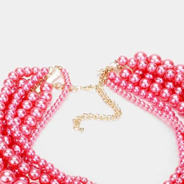 Floral Pink Collar Multi Strand Pearl Necklace Set