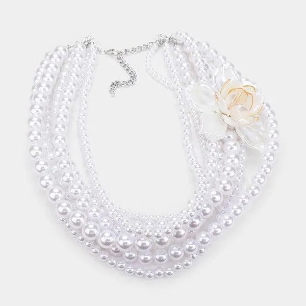 Floral White Collar Multi Strand Pearl Necklace Set