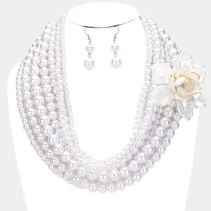 Floral White Collar Multi Strand Pearl Necklace Set