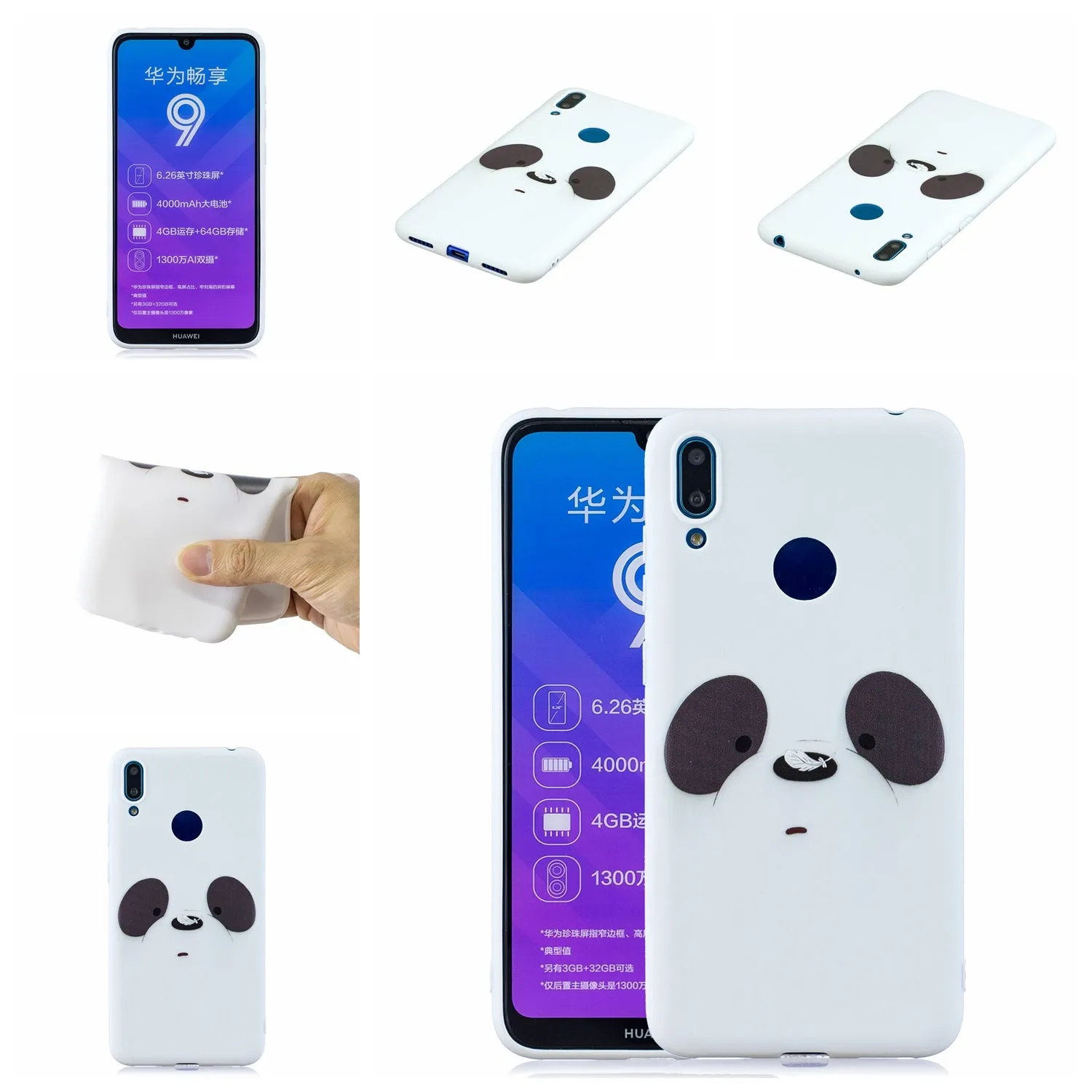 For HUAWEI Y7 2019 Cute Coloured Painted TPU Anti-scratch Non-slip Protective Cover Back Case with Lanyard white