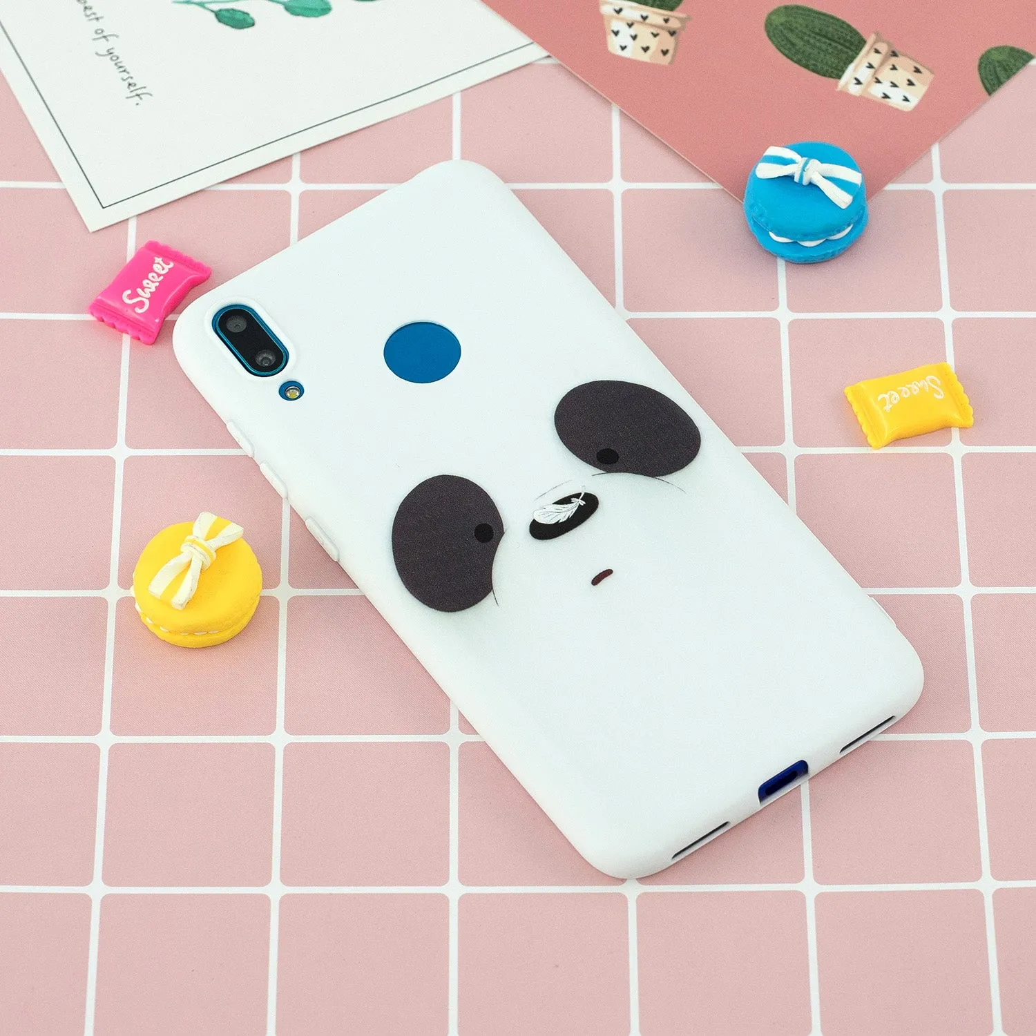 For HUAWEI Y7 2019 Cute Coloured Painted TPU Anti-scratch Non-slip Protective Cover Back Case with Lanyard white