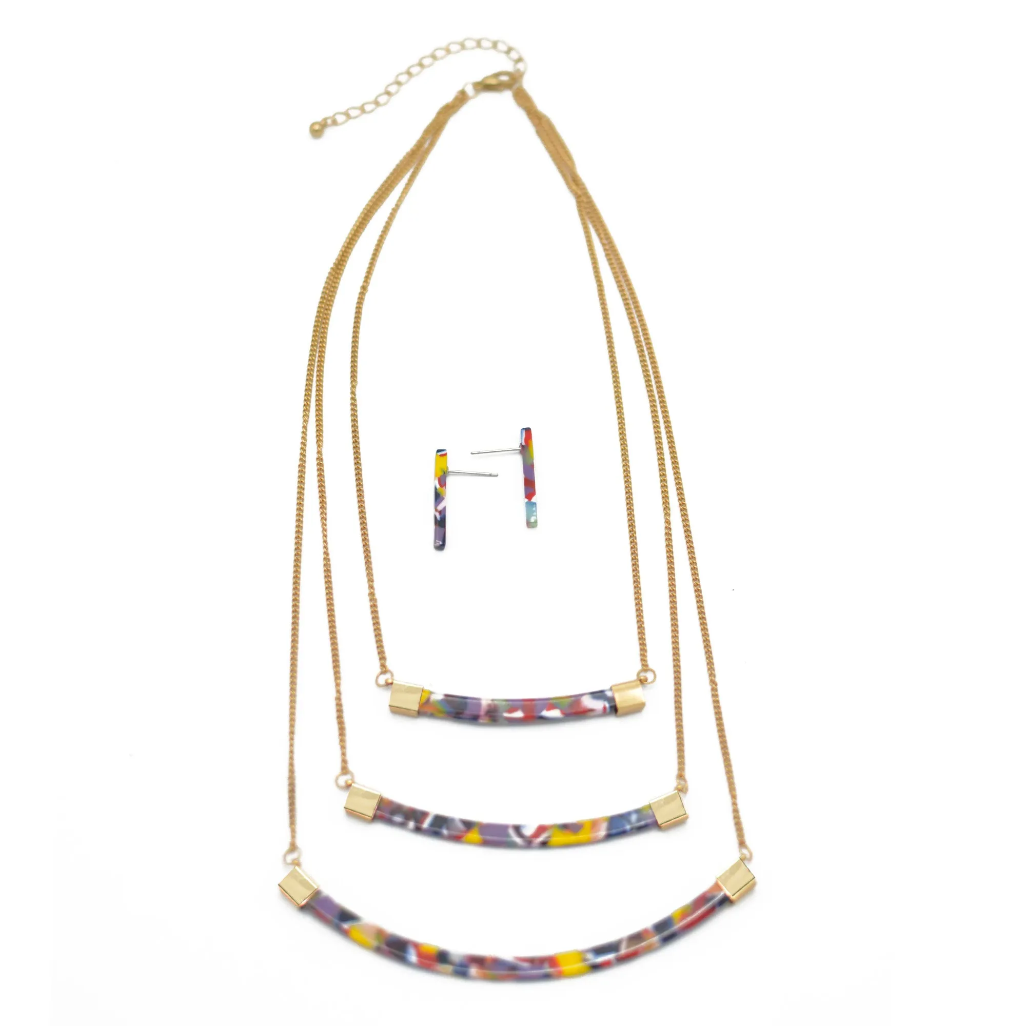 GOLD MULTI-COLOR LAYER NECKLACE AND EARRINGS SET# SQ321-071701