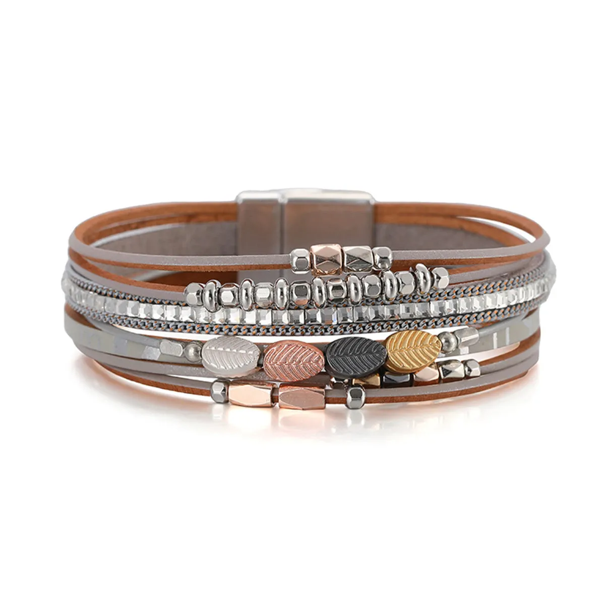 Gray Polystyrene & Silver-Plated Cubic Zirconia-Accent Leaves Layered Bracelet