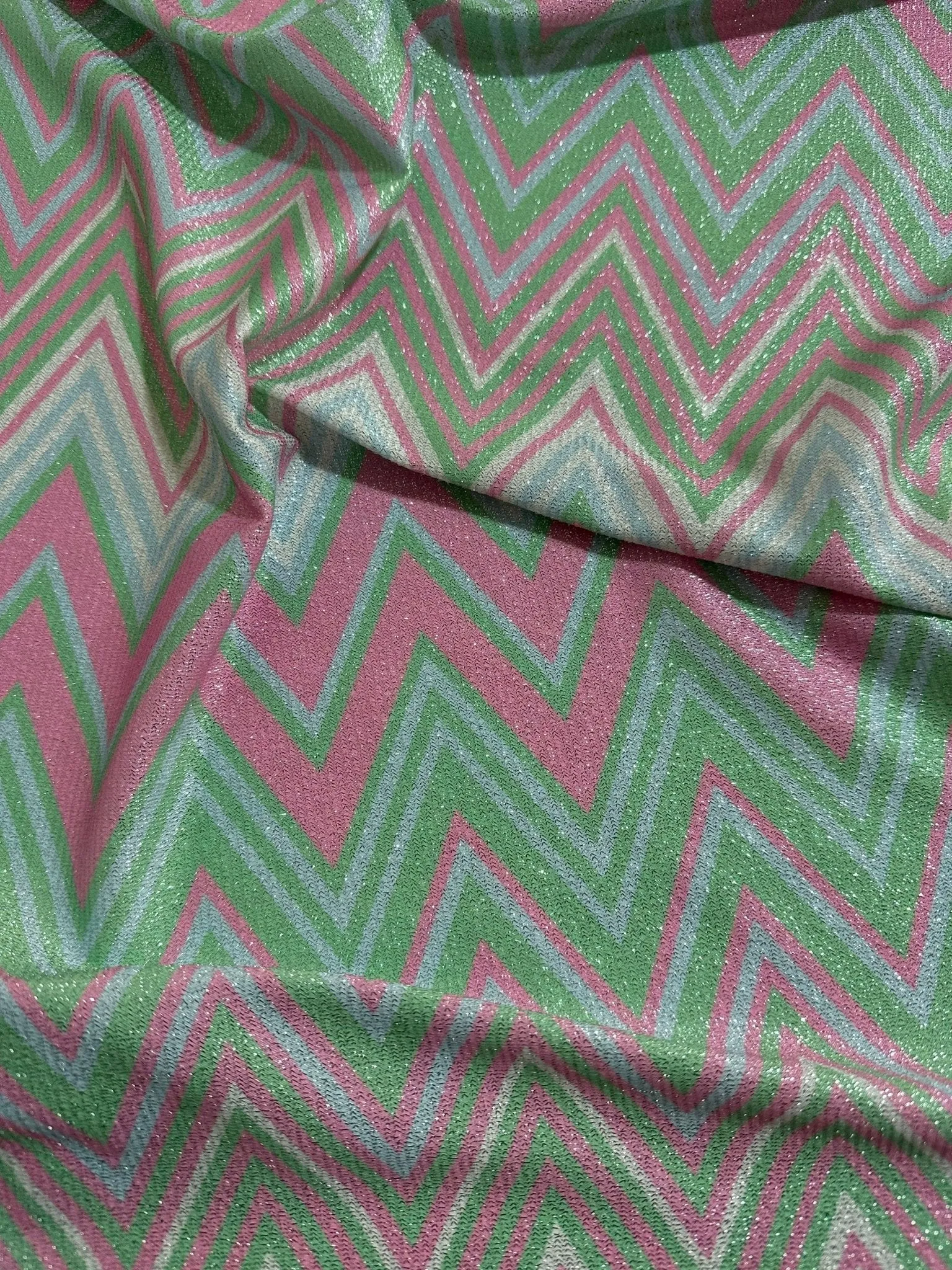 Green and Pink Zigzag Knit Lurex Fabric - Stylish Lightweight Material