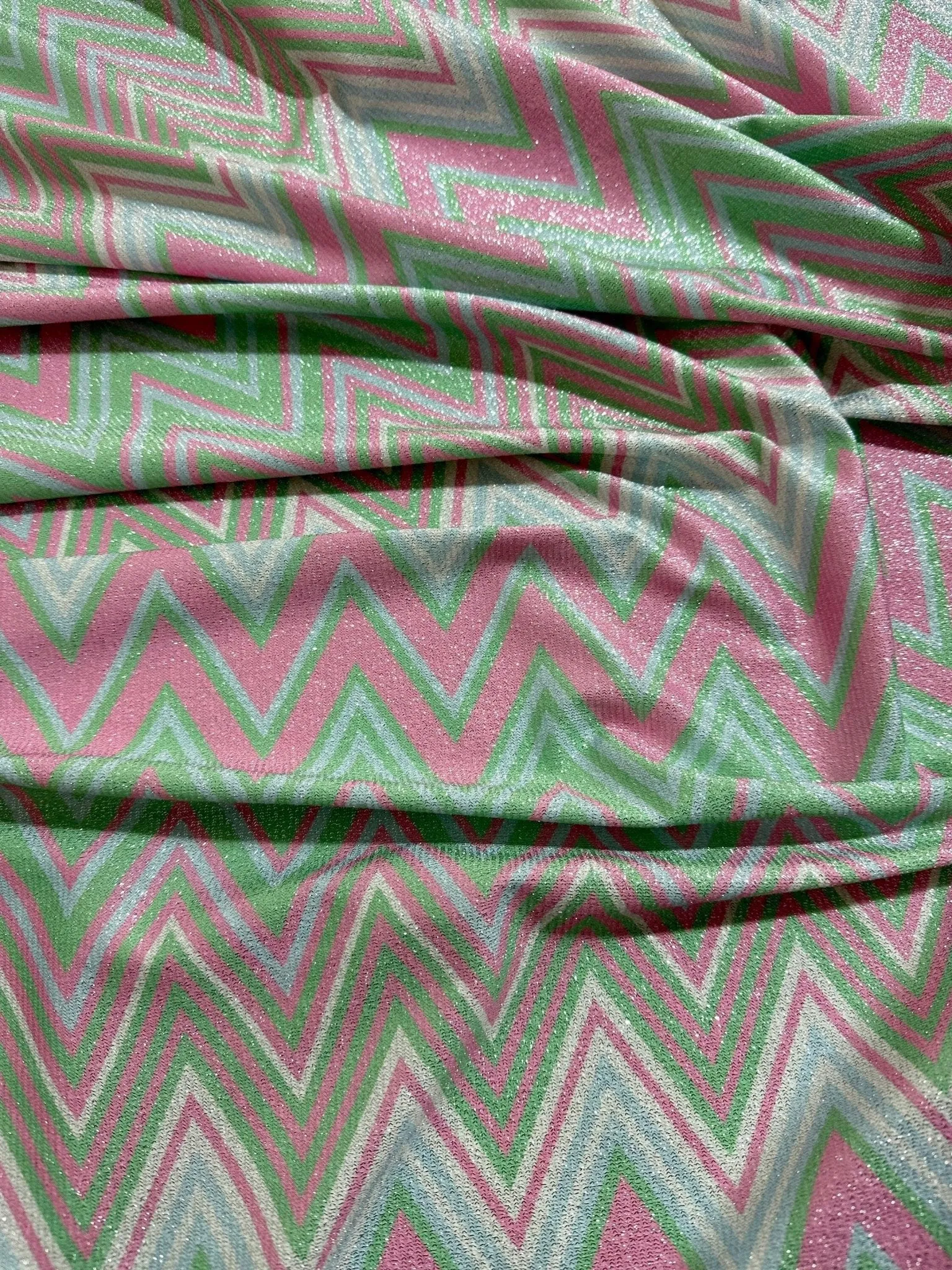Green and Pink Zigzag Knit Lurex Fabric - Stylish Lightweight Material