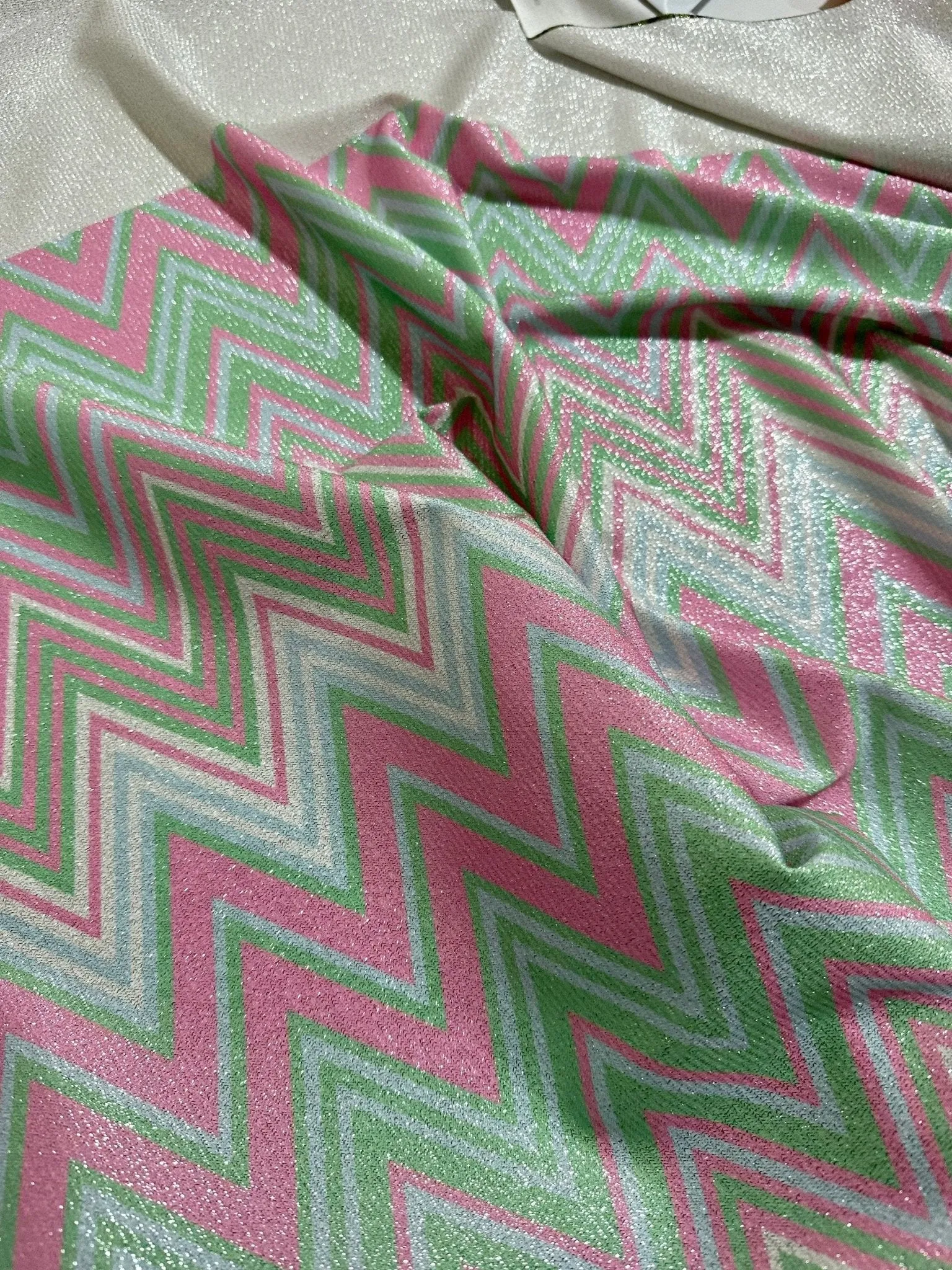 Green and Pink Zigzag Knit Lurex Fabric - Stylish Lightweight Material