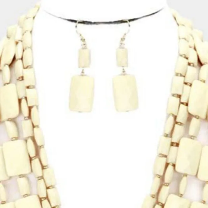 Ivory Multi Strand Resin Rectangle Bead Necklace Set