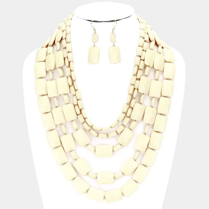 Ivory Multi Strand Resin Rectangle Bead Necklace Set