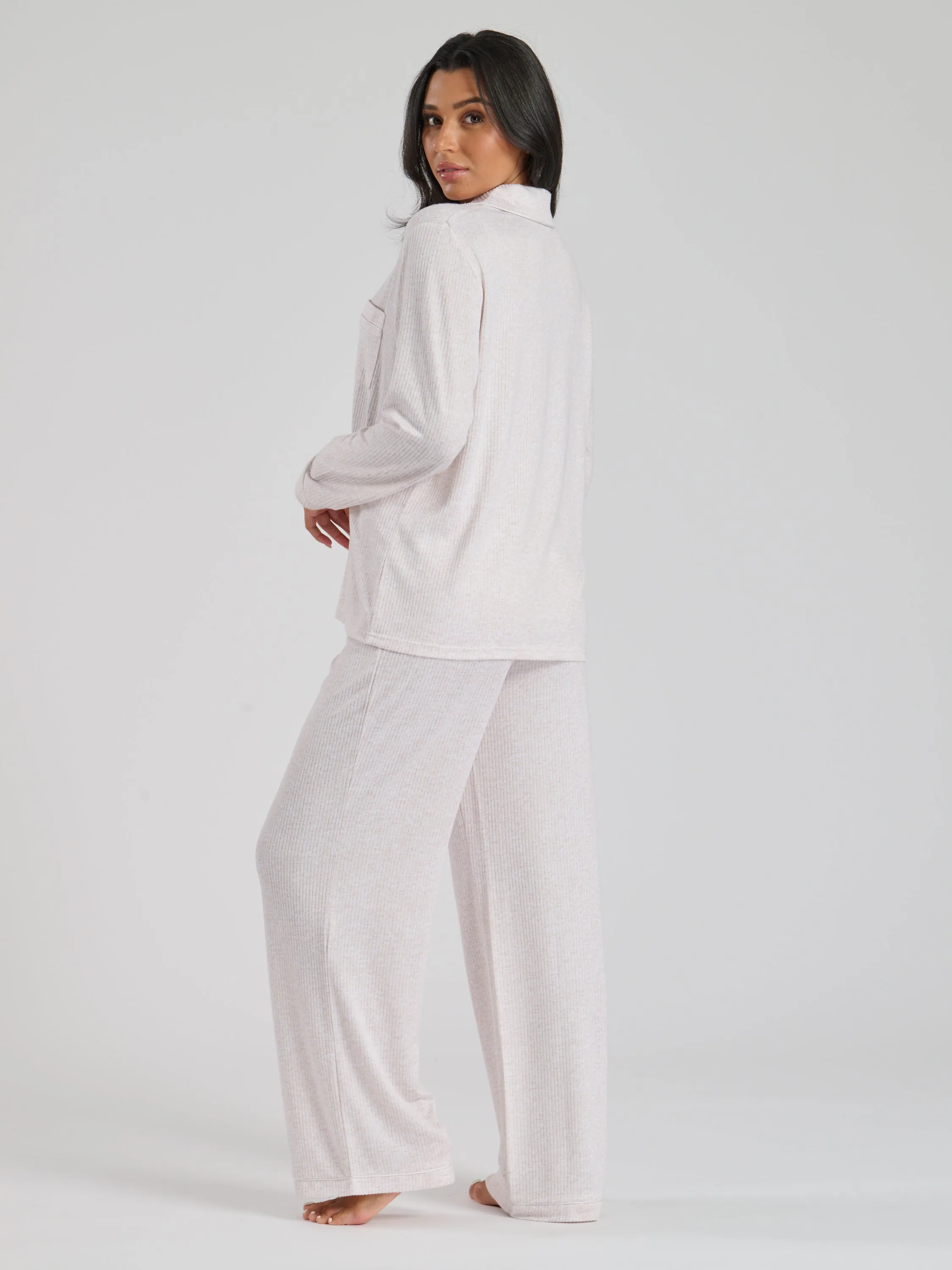Ladies personalised brushed rib long personalised pyjama set Oat