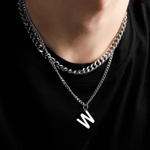 Layered Initial Letter Necklace | Double Chain Titanium Steel | Unisex Urban Style