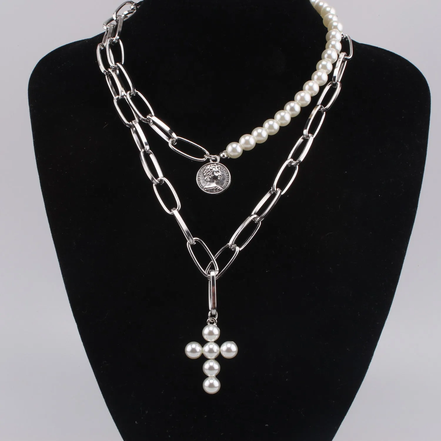 Luxury Design Imitation Pearls Choker Necklace Female Cross Pendant Necklaces for Women Gold Color Fashion Coin Jewelry